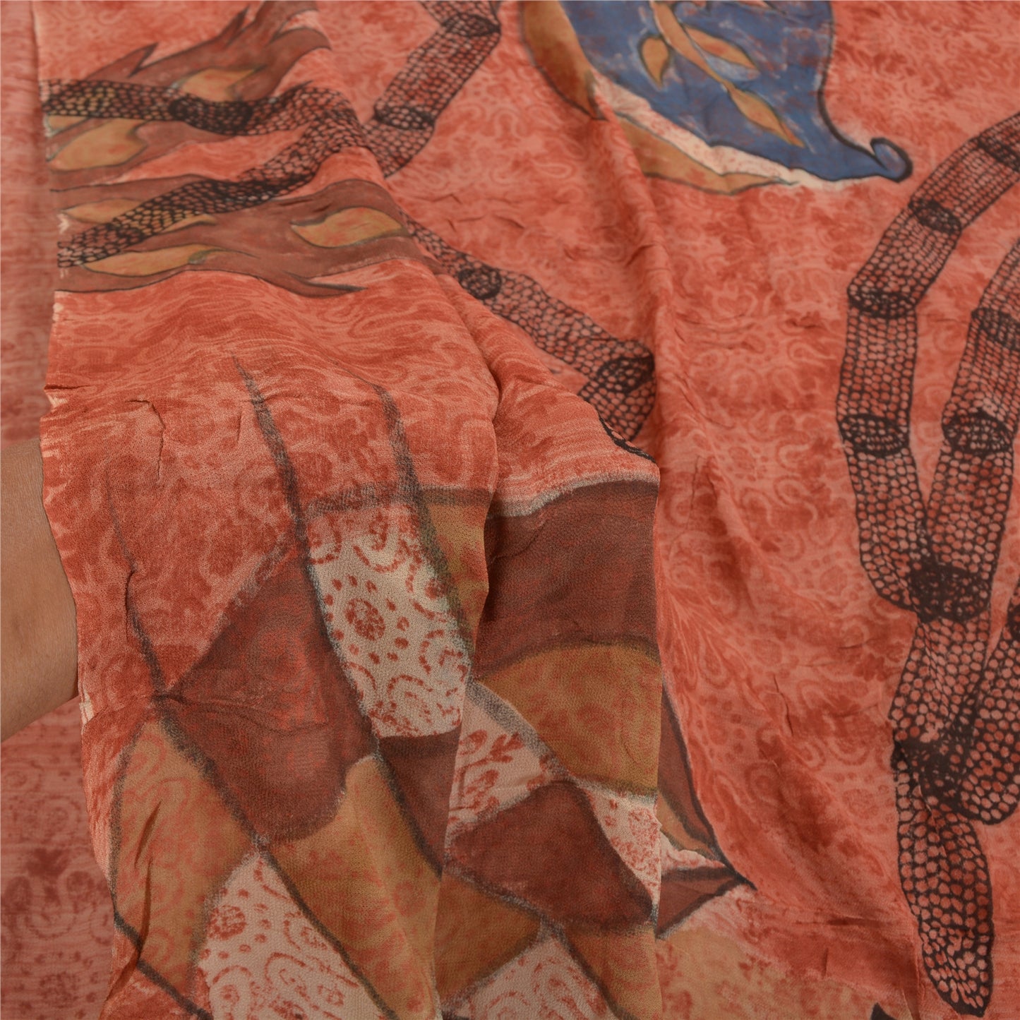 Sanskriti Vintage Peach Sari Blend Georgette Trykt Sari 5 Yard Håndværk Bæredygtigt Stoff