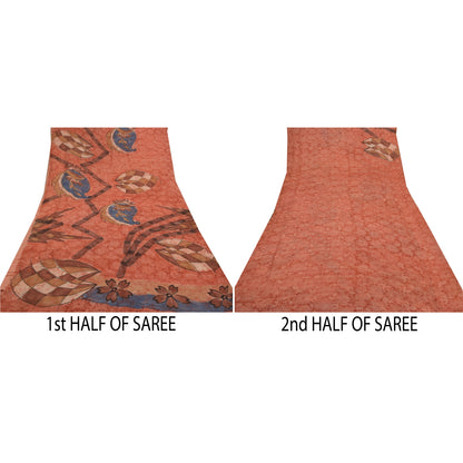 Sanskriti Vintage Peach Sari Blend Georgette Trykt Sari 5 Yard Håndværk Bæredygtigt Stoff