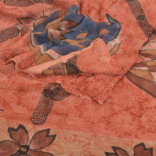 Sanskriti Vintage Peach Sari Blend Georgette Trykt Sari 5 Yard Håndværk Bæredygtigt Stoff