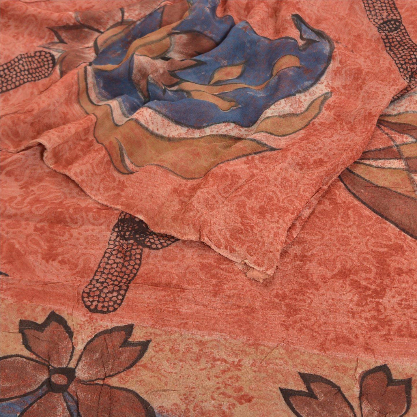 Sanskriti Vintage Peach Sari Blend Georgette Trykt Sari 5 Yard Håndværk Bæredygtigt Stoff