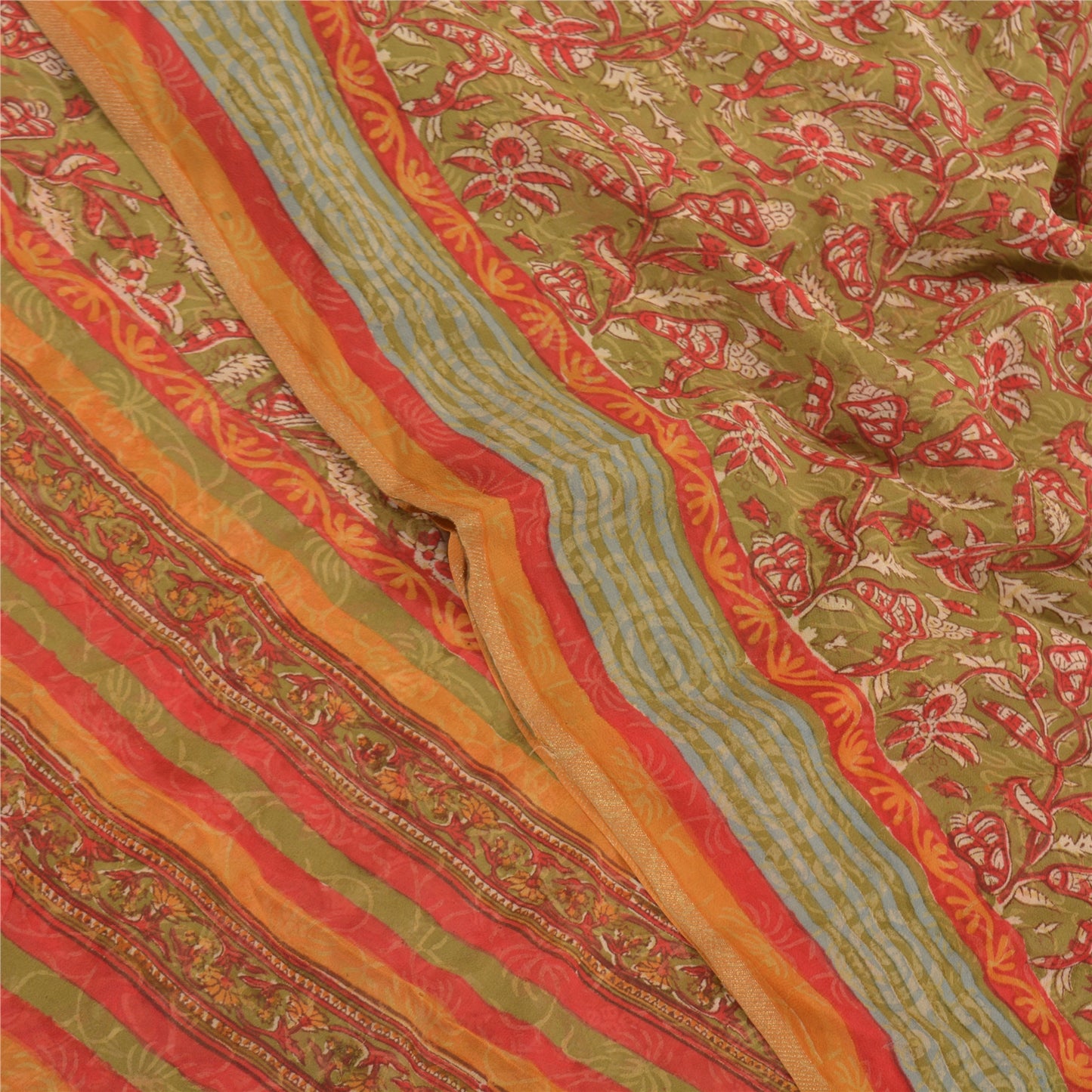 Sanskriti Vintage Grønne Sarier Ren Georgette Silke Trykt Sari 5YD Håndværk Bæredygtigt Stoff