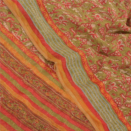 Sanskriti Vintage Grønne Sarier Ren Georgette Silke Trykt Sari 5YD Håndværk Bæredygtigt Stoff