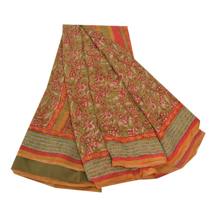 Sanskriti Vintage Grønne Sarier Ren Georgette Silke Trykt Sari 5YD Håndværk Bæredygtigt Stoff