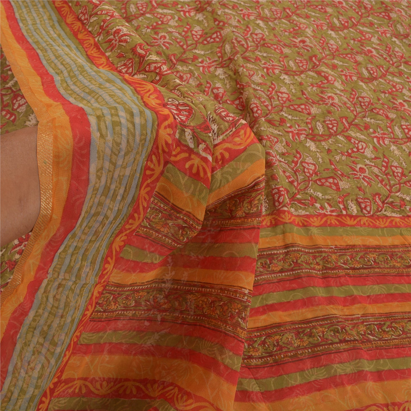 Sanskriti Vintage Grønne Sarier Ren Georgette Silke Trykt Sari 5YD Håndværk Bæredygtigt Stoff