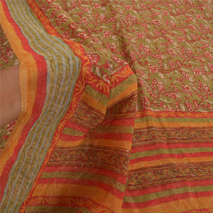 Sanskriti Vintage Grønne Sarier Ren Georgette Silke Trykt Sari 5YD Håndværk Bæredygtigt Stoff