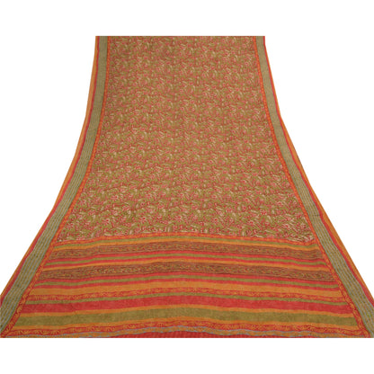 Sanskriti Vintage Grønne Sarier Ren Georgette Silke Trykt Sari 5YD Håndværk Bæredygtigt Stoff