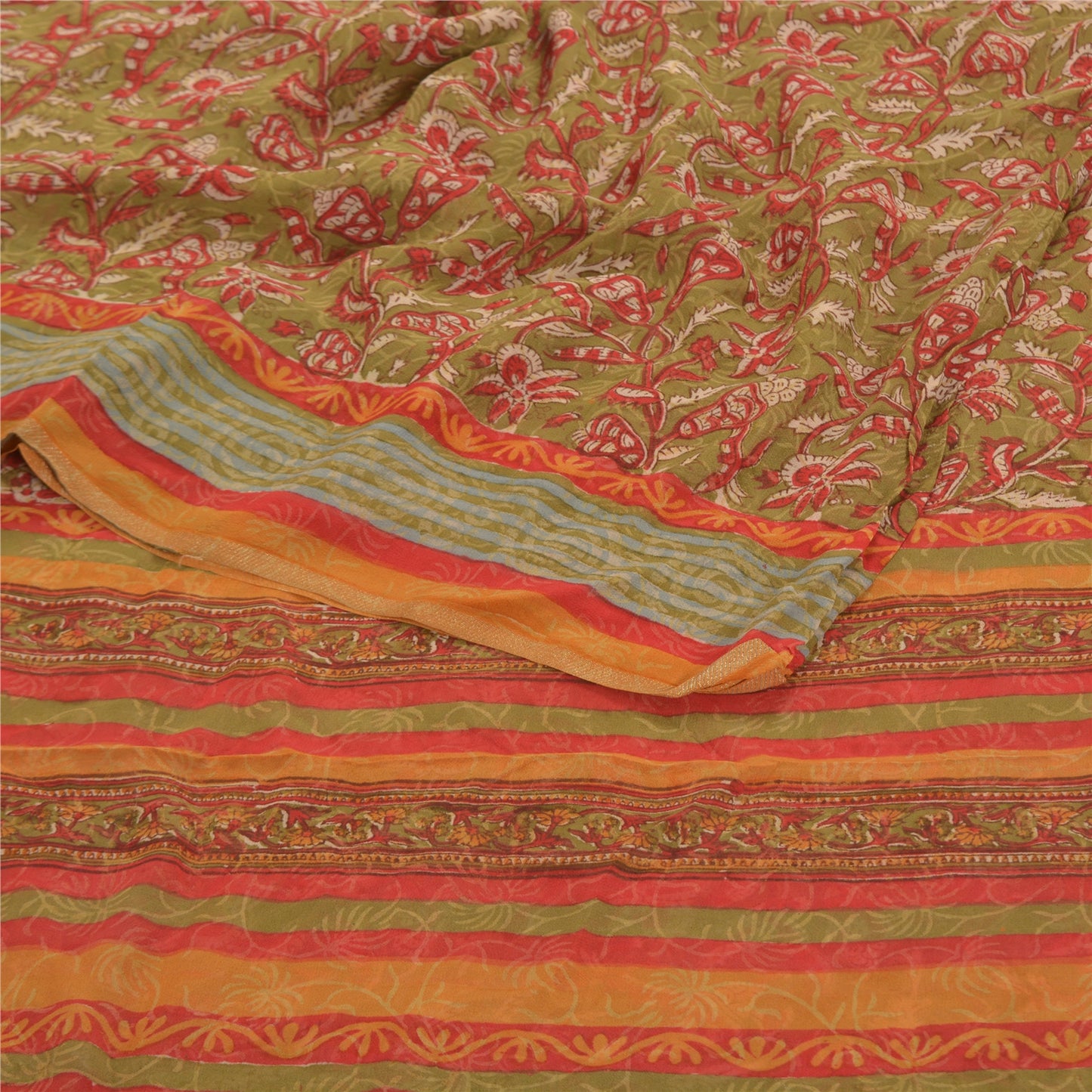 Sanskriti Vintage Grønne Sarier Ren Georgette Silke Trykt Sari 5YD Håndværk Bæredygtigt Stoff