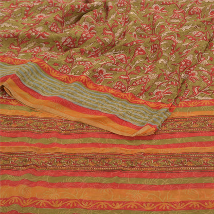 Sanskriti Vintage Grønne Sarier Ren Georgette Silke Trykt Sari 5YD Håndværk Bæredygtigt Stoff