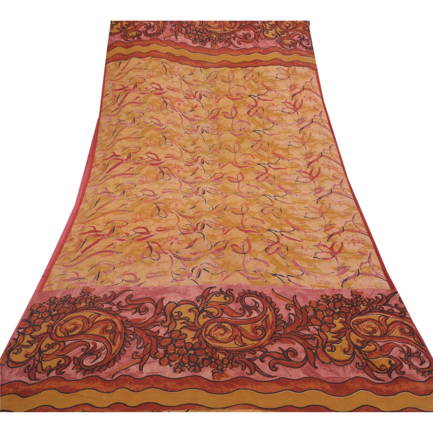 Санскритские винтажные коричневые сари из чистого шелка-жоржета с принтом 5YD Craft Sustainable Fabric