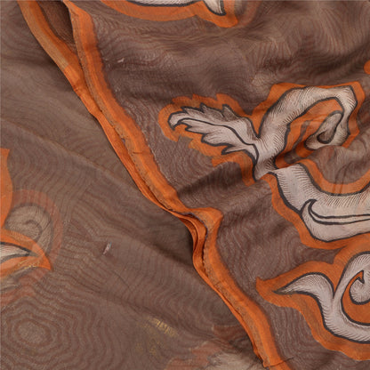 Sanskriti Vintage Brown Sarees Chiffon Printed Sari 5YD Floral Craft Sustainable Fabric