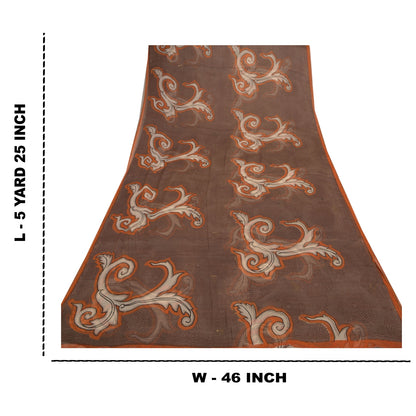 Sanskriti Vintage Brown Sarees Chiffon Printed Sari 5YD Floral Craft Sustainable Fabric