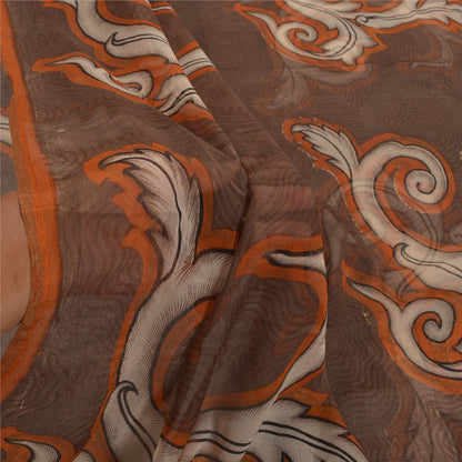 Sanskriti Vintage Brown Sarees Chiffon Printed Sari 5YD Floral Craft Sustainable Fabric