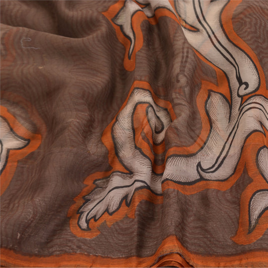 Sanskriti Vintage Brown Sarees Chiffon Printed Sari 5YD Floral Craft Sustainable Fabric