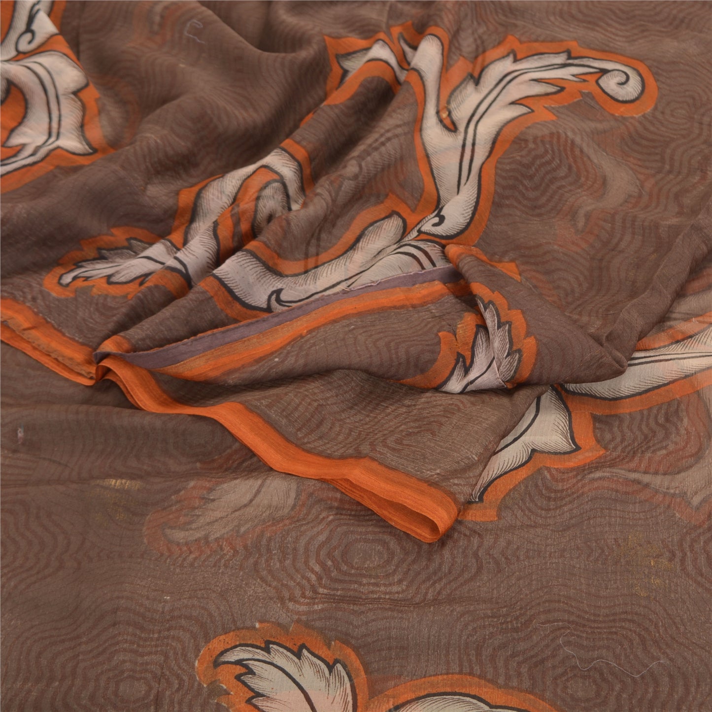 Sanskriti Vintage Brown Sarees Chiffon Printed Sari 5YD Floral Craft Sustainable Fabric