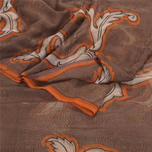 Sanskriti Vintage Brown Sarees Chiffon Printed Sari 5YD Floral Craft Sustainable Fabric