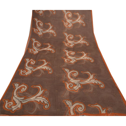 Sanskriti Vintage Brown Sarees Chiffon Printed Sari 5YD Floral Craft Sustainable Fabric