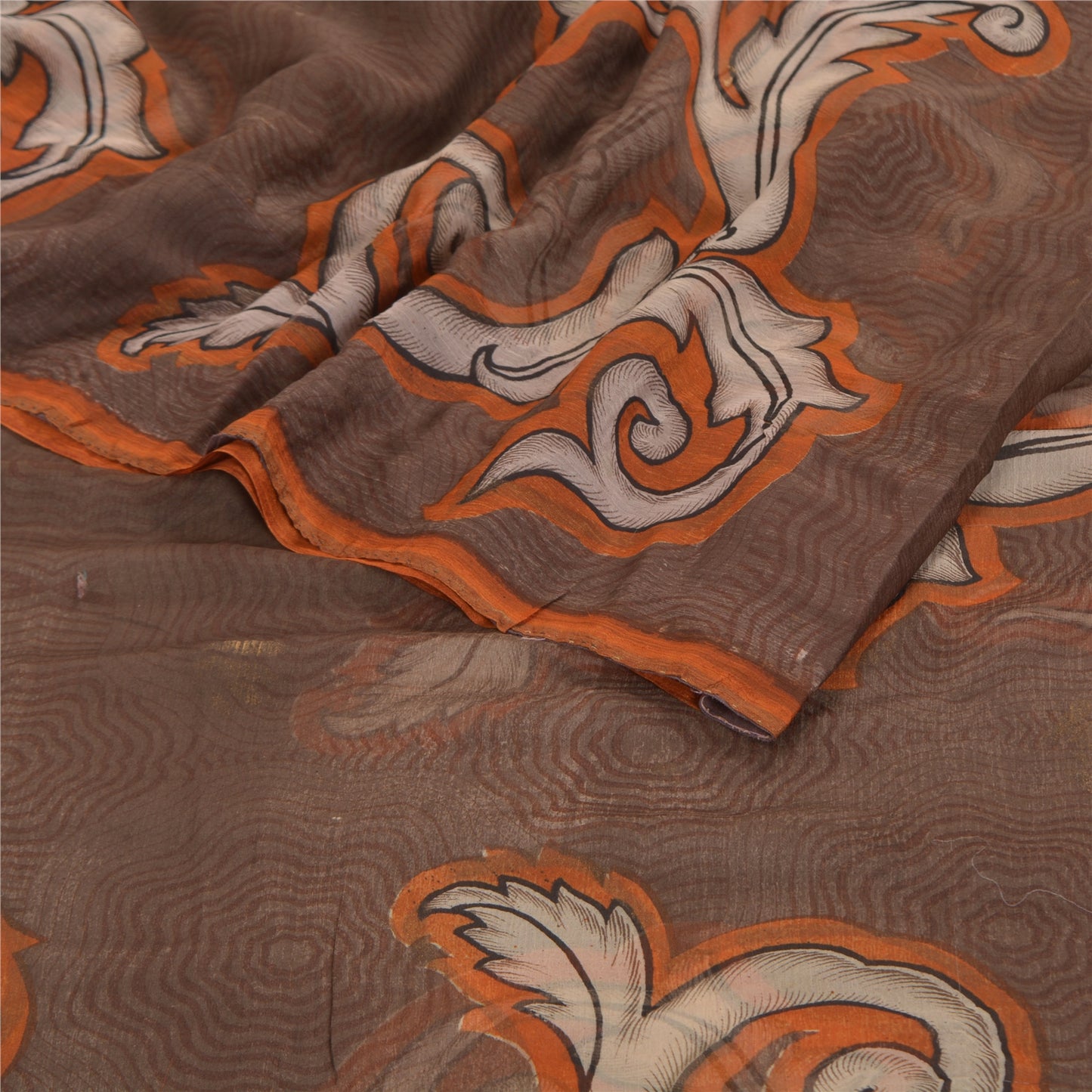 Sanskriti Vintage Brown Sarees Chiffon Printed Sari 5YD Floral Craft Sustainable Fabric