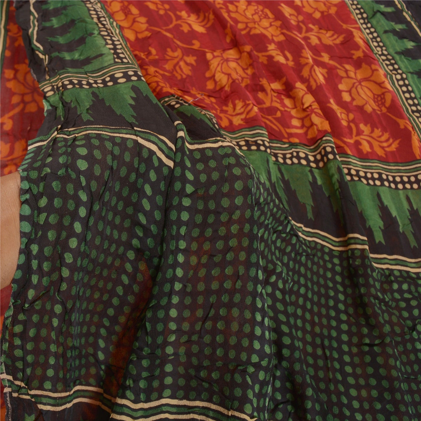 Sanskriti Vintage Mørkerød Sari Blandet Georgette Trykt Sari 5 Yard Håndværk Bæredygtigt Stoff