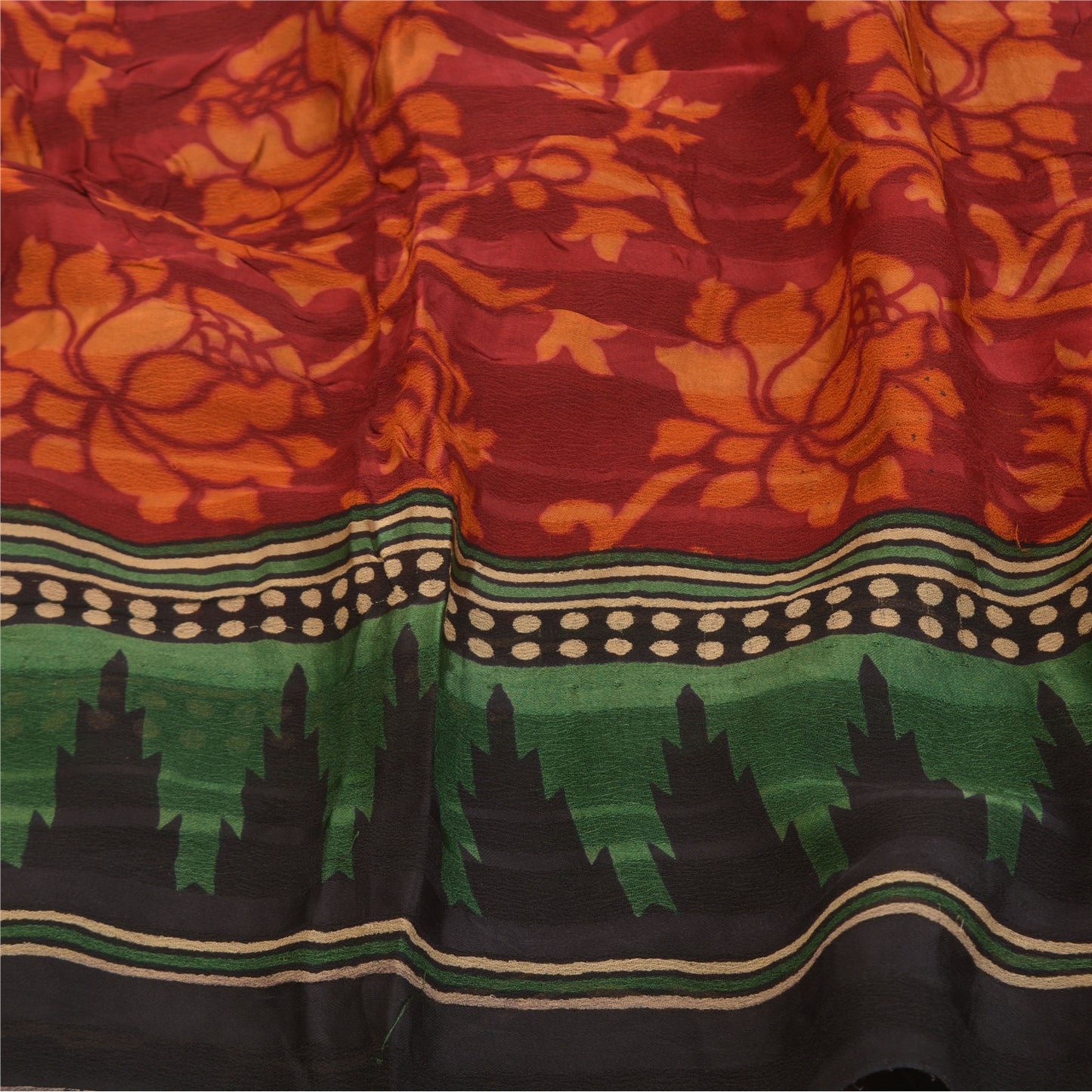 Sanskriti Vintage Mørkerød Sari Blandet Georgette Trykt Sari 5 Yard Håndværk Bæredygtigt Stoff