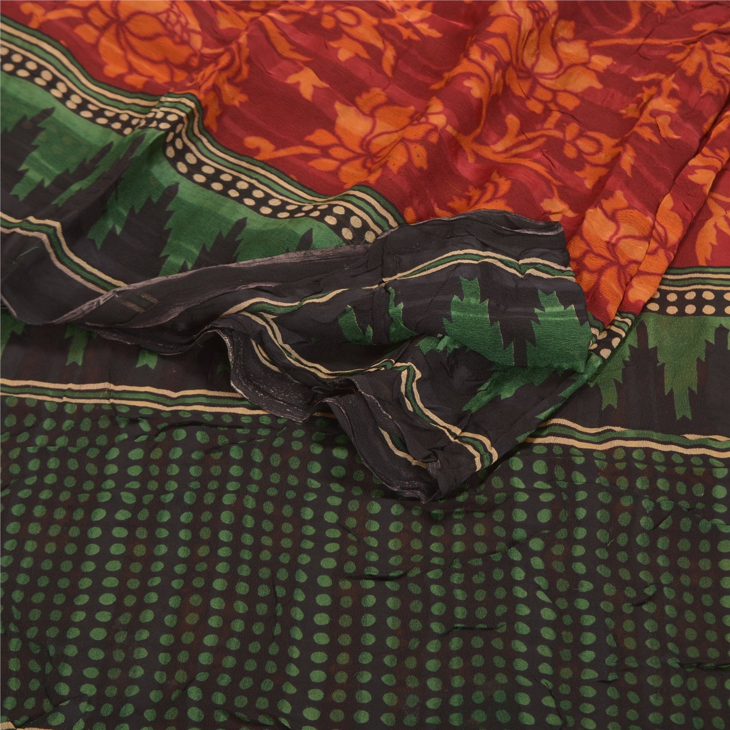 Sanskriti Vintage Mørkerød Sari Blandet Georgette Trykt Sari 5 Yard Håndværk Bæredygtigt Stoff