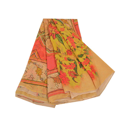 Sanskriti Vintage Yellow Saree Blend Georgette Printed Sari Floral Craft Sustainable Fabric