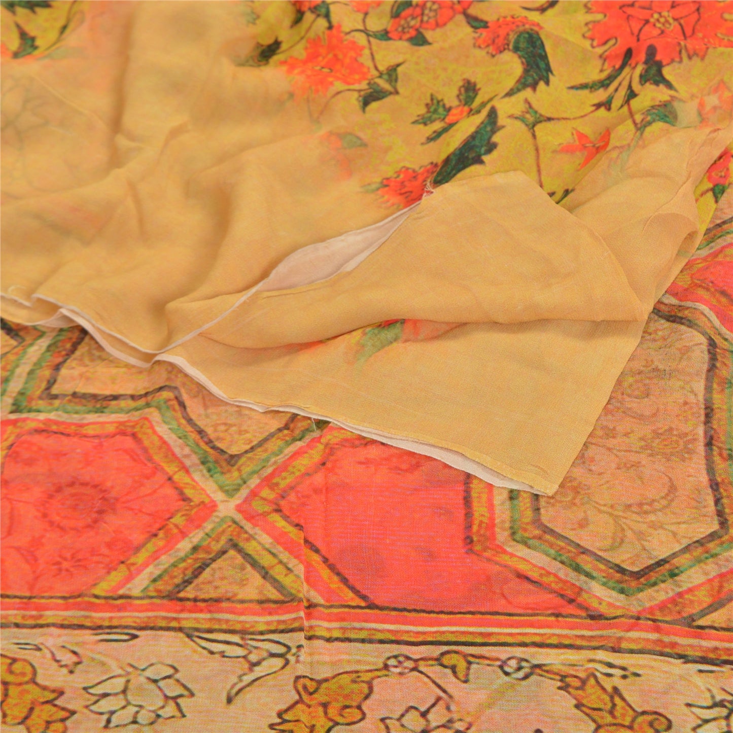 Sanskriti Vintage Yellow Saree Blend Georgette Printed Sari Floral Craft Sustainable Fabric