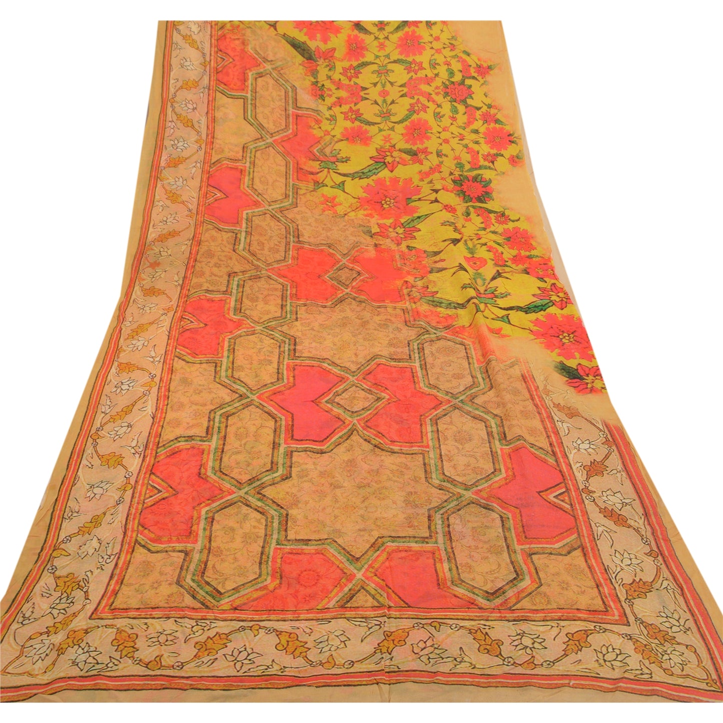Sanskriti Vintage Yellow Saree Blend Georgette Printed Sari Floral Craft Sustainable Fabric