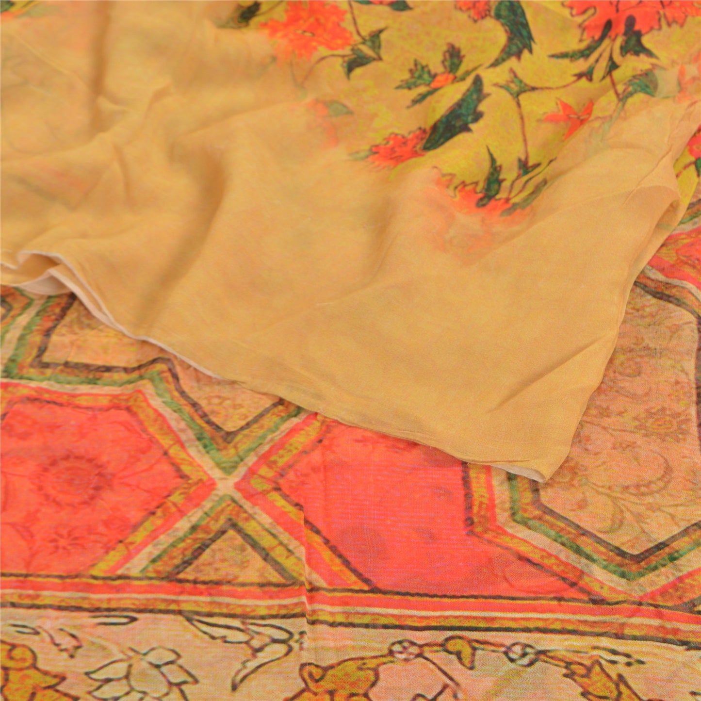Sanskriti Vintage Yellow Saree Blend Georgette Printed Sari Floral Craft Sustainable Fabric