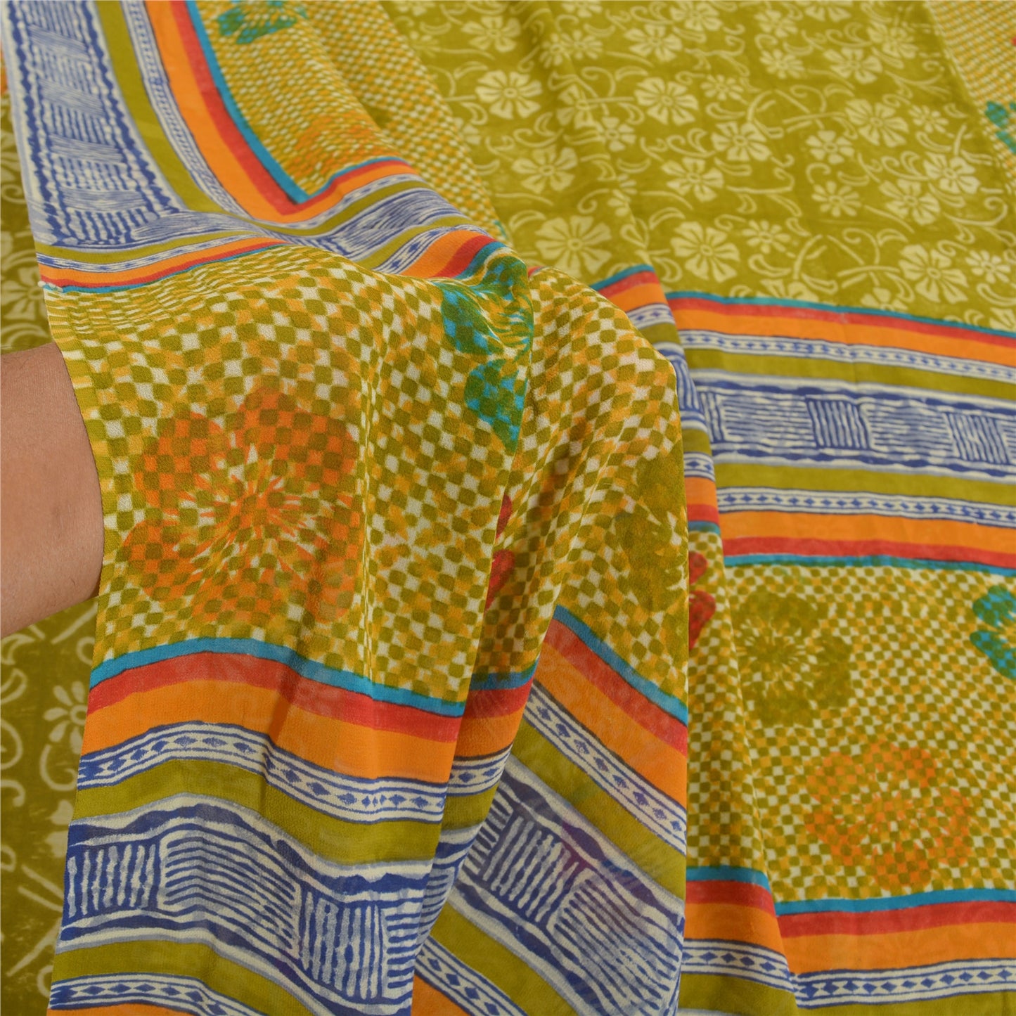 Sanskriti Vintage Grønne Sarier Ren Georgette Silke Trykt Sari 5YD Håndværk Bæredygtigt Stoff