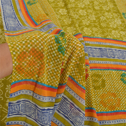 Sanskriti Vintage Grønne Sarier Ren Georgette Silke Trykt Sari 5YD Håndværk Bæredygtigt Stoff