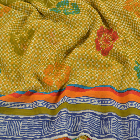 Sanskriti Vintage Grønne Sarier Ren Georgette Silke Trykt Sari 5YD Håndværk Bæredygtigt Stoff
