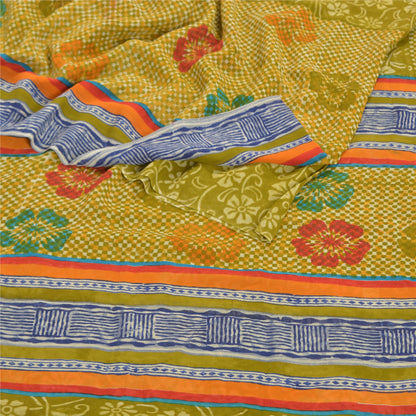 Sanskriti Vintage Grønne Sarier Ren Georgette Silke Trykt Sari 5YD Håndværk Bæredygtigt Stoff