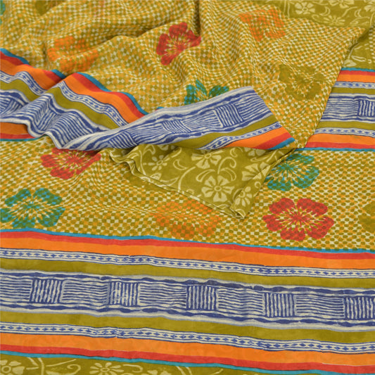 Sanskriti Vintage Grønne Sarier Ren Georgette Silke Trykt Sari 5YD Håndværk Bæredygtigt Stoff