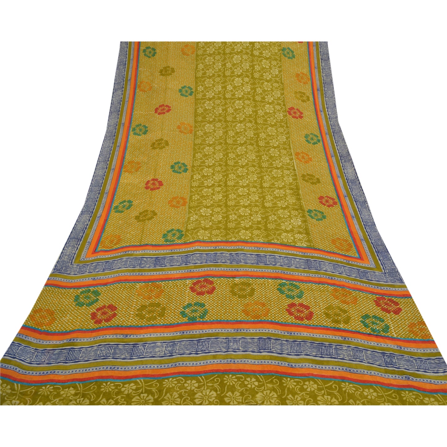 Sanskriti Vintage Grønne Sarier Ren Georgette Silke Trykt Sari 5YD Håndværk Bæredygtigt Stoff