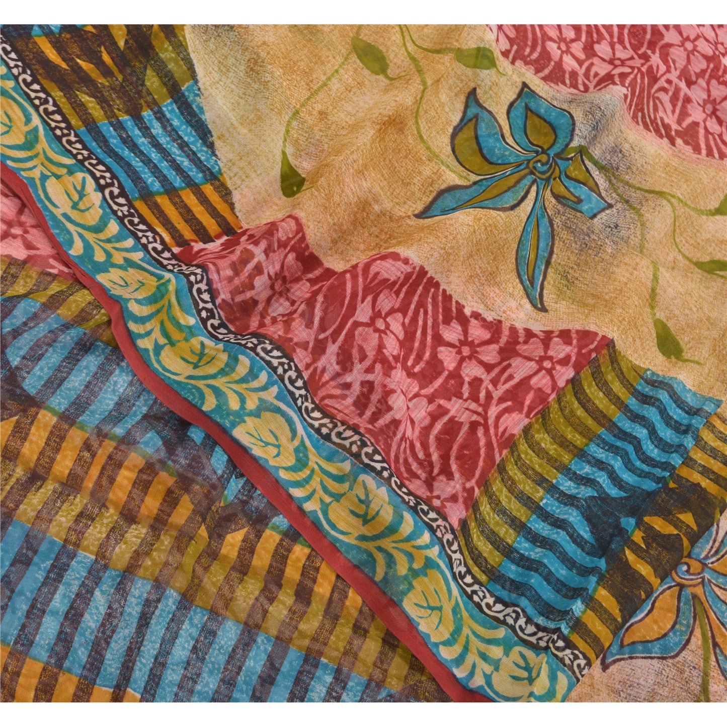 Sanskriti Vintage 100% Pure Georgette Silk Red Floral Printed Saree 5Yd Craft Fabric Boho Floral Quilting Material For DIY Projects