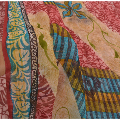 Sanskriti Vintage 100% Pure Georgette Silk Red Floral Printed Saree 5Yd Craft Fabric Boho Floral Quilting Material For DIY Projects