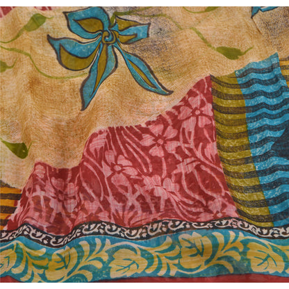 Sanskriti Vintage 100% Pure Georgette Silk Red Floral Printed Saree 5Yd Craft Fabric Boho Floral Quilting Material For DIY Projects