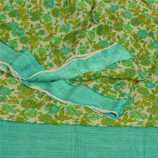 Sanskriti Vintage Green Sarees Blend Georgette Sustainable Fabric Craft Printed 5 Yard Sari