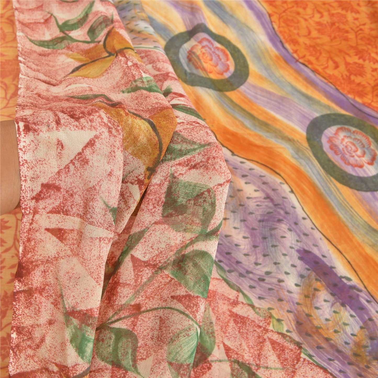 Sanskriti Vintage 100% Pure Georgette Silk Red Printed Saree 5 Yard Craft Fabric upholstery fabric