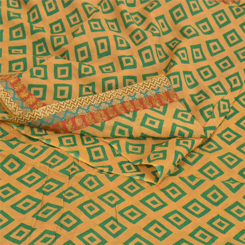 Sanskriti Vintage Sari 100% Pure Georgette Brown/Green Printed Woven Saree 5 Yd Fabric Home Decor, Women Floral Outfit, Silk Scrap
