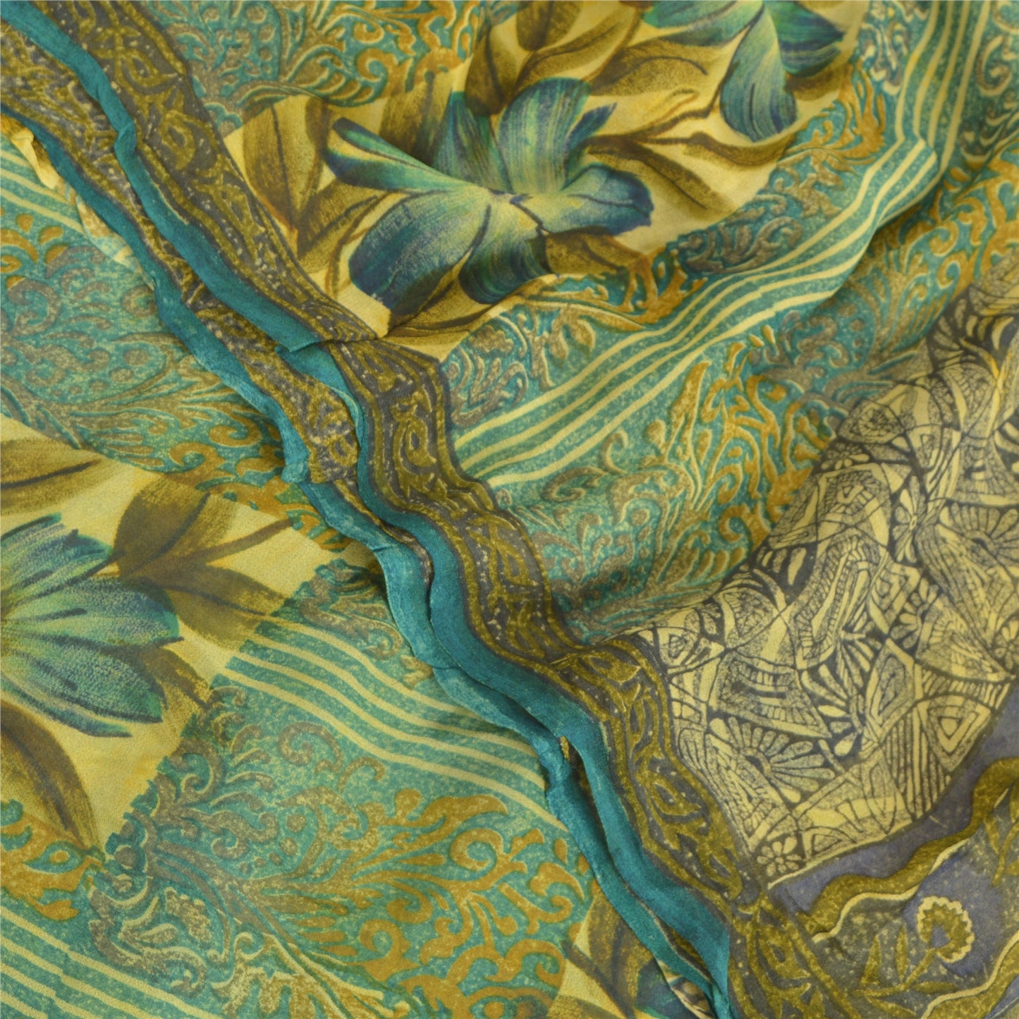 Sanskriti Vintage Grønne Sarier Blend Georgette Bæredygtigt Stoff Håndlavet Trykt 5 Yard Sari