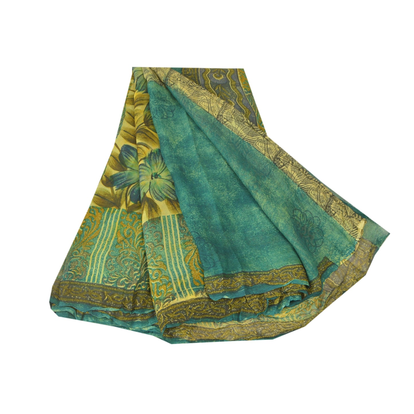 Sanskriti Vintage Grønne Sarier Blend Georgette Bæredygtigt Stoff Håndlavet Trykt 5 Yard Sari