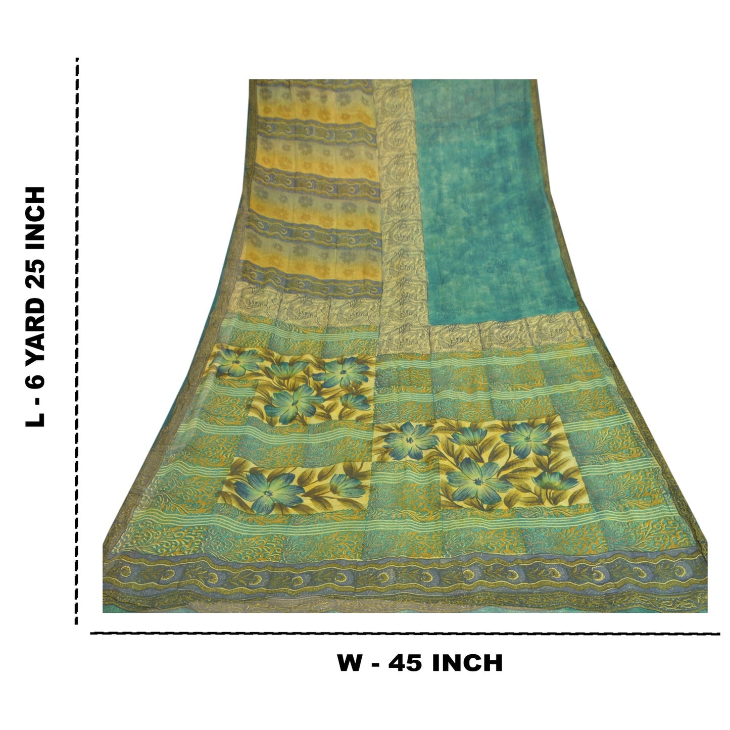 Sanskriti Vintage Grønne Sarier Blend Georgette Bæredygtigt Stoff Håndlavet Trykt 5 Yard Sari