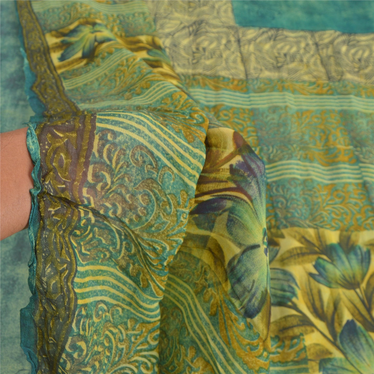 Sanskriti Vintage Grønne Sarier Blend Georgette Bæredygtigt Stoff Håndlavet Trykt 5 Yard Sari
