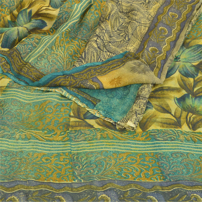 Sanskriti Vintage Grønne Sarier Blend Georgette Bæredygtigt Stoff Håndlavet Trykt 5 Yard Sari