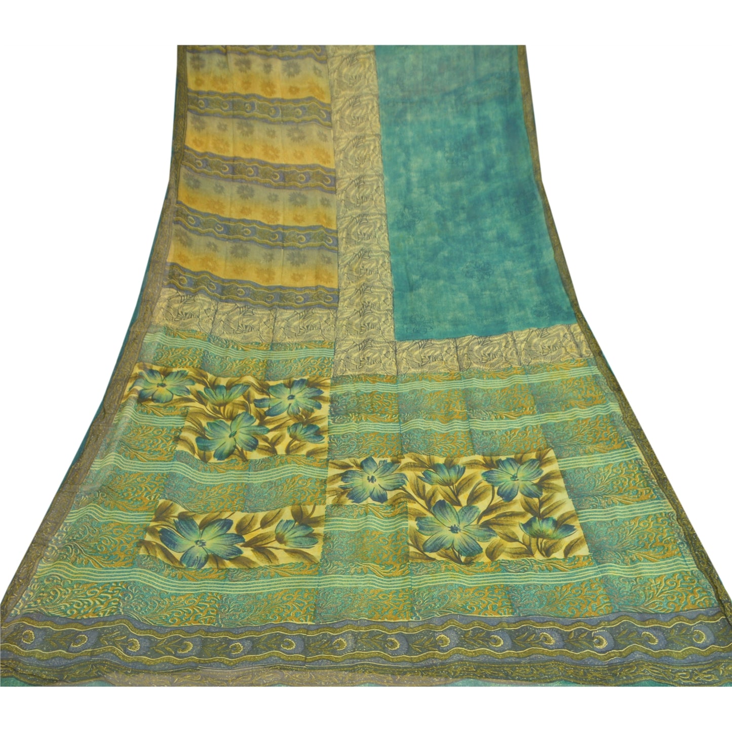 Sanskriti Vintage Grønne Sarier Blend Georgette Bæredygtigt Stoff Håndlavet Trykt 5 Yard Sari
