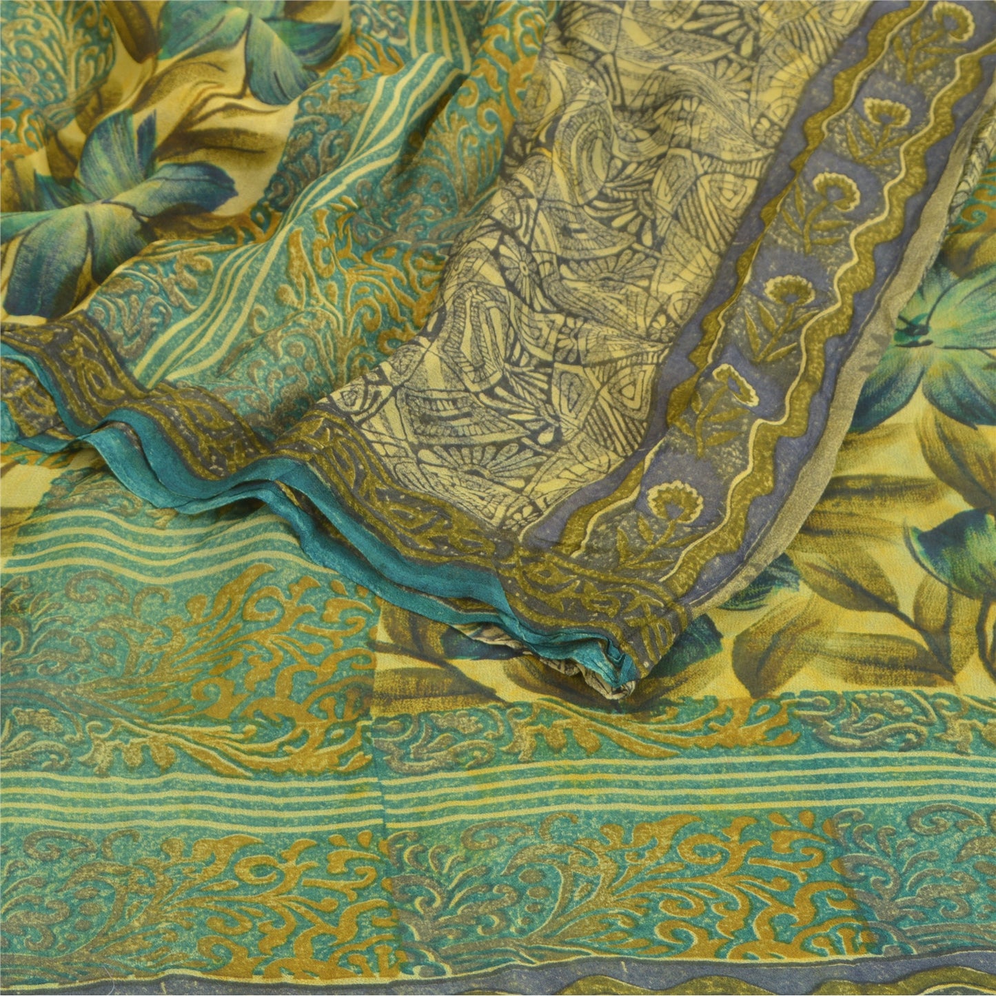 Sanskriti Vintage Grønne Sarier Blend Georgette Bæredygtigt Stoff Håndlavet Trykt 5 Yard Sari