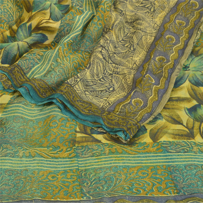 Sanskriti Vintage Grønne Sarier Blend Georgette Bæredygtigt Stoff Håndlavet Trykt 5 Yard Sari