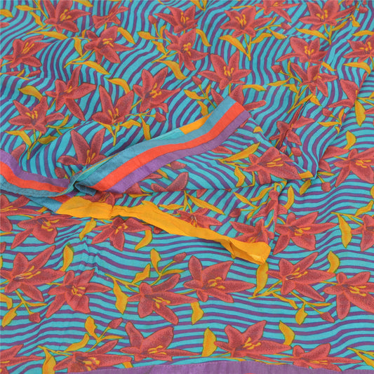 Sanskriti Vintage Blue Indian Sarees Blend Georgette Sustainable Fabric Craft Printed Sari