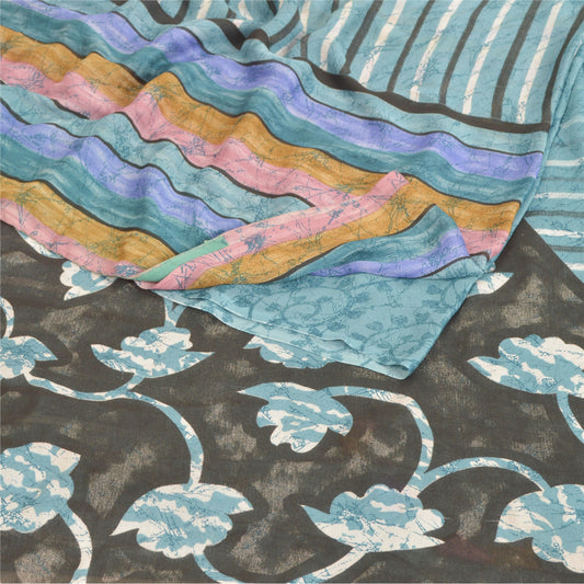 Sanskriti Vintage Blue Sarees Georgette Floral Printed Sustainable Fabric Craft Sari